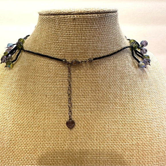 Glass Crystal bead necklace marked DOL, Black bead chain, green & blue crystals - Picture 12 of 14